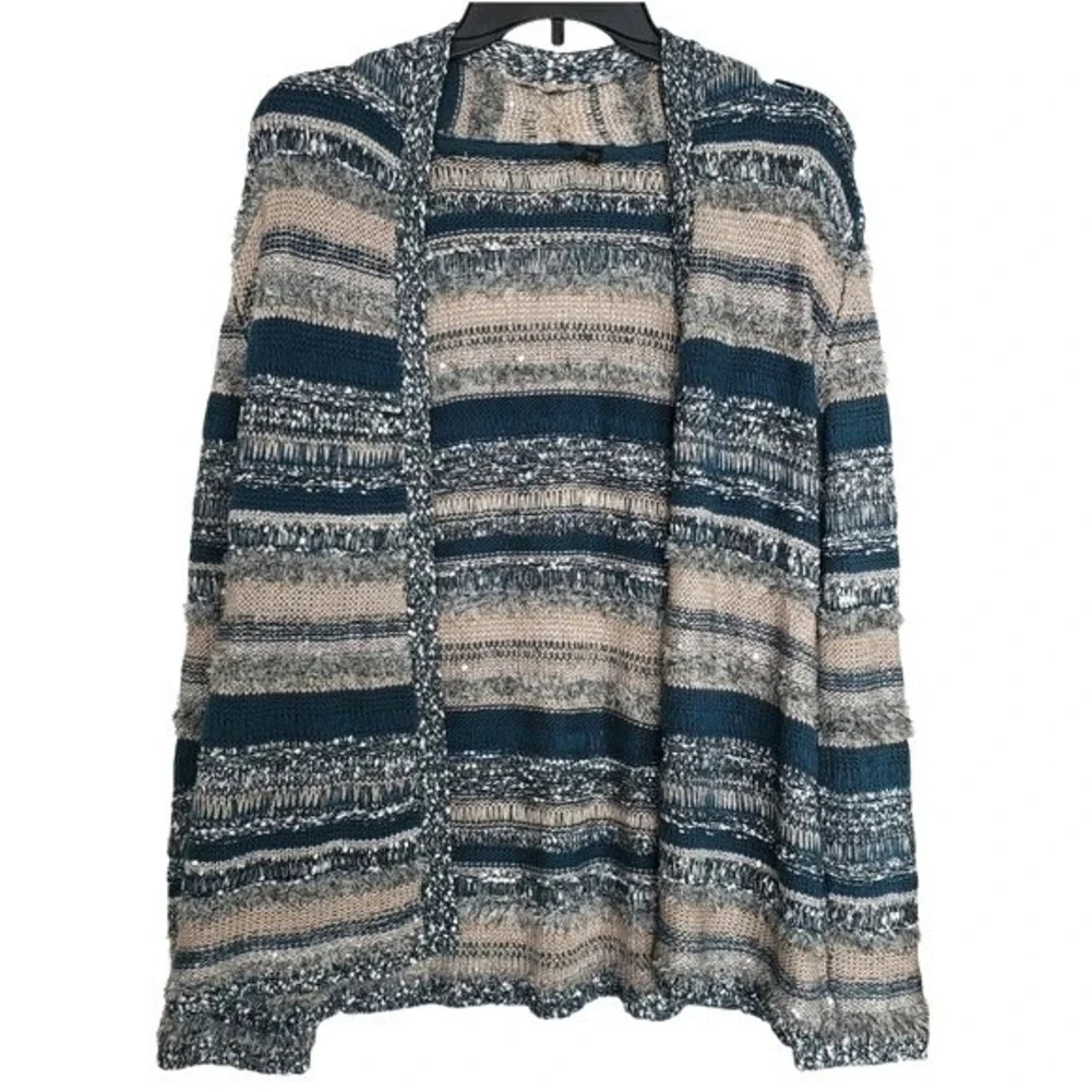 Multicolor Cardigan Wool Blend Blue Tan Striped Sequin Fringe‎ Boho Sweater S